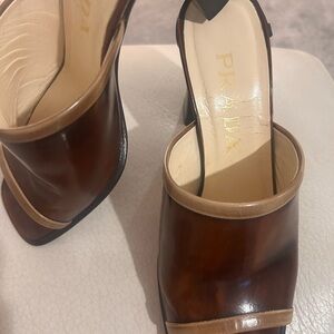 Prada Women's Tan and Brown Leather Mules